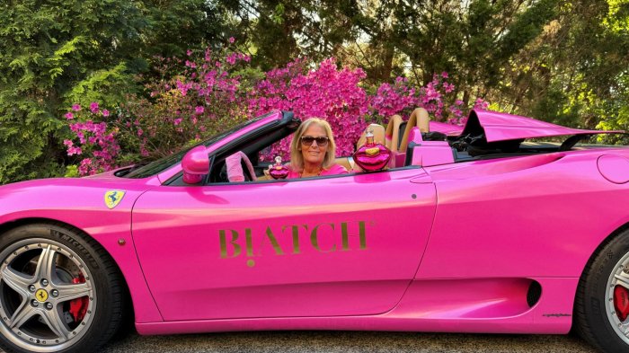 Biatch Tequila founder "Aunt Sue" Hrib in her pink Ferrari