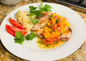 Grilled Summer Swordfish with Mango Lemon Honey Jalapeno Salsa from the Golden Pear