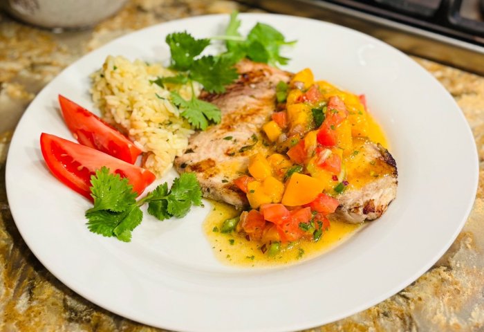Grilled Summer Swordfish with Mango Lemon Honey Jalapeno Salsa from the Golden Pear