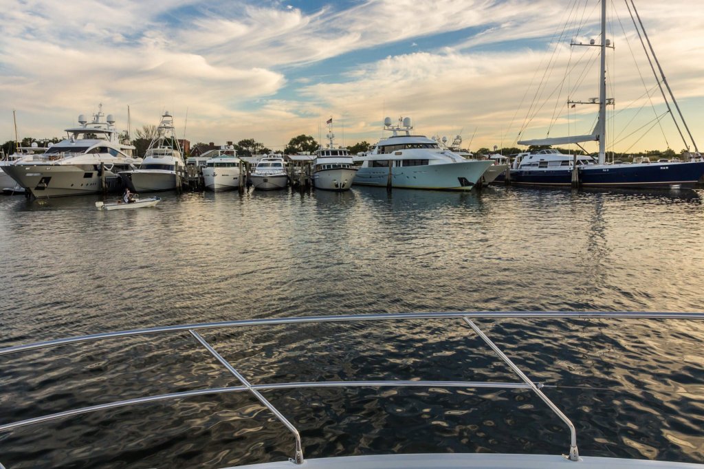 A number of yachts docked at Sag Harbor.