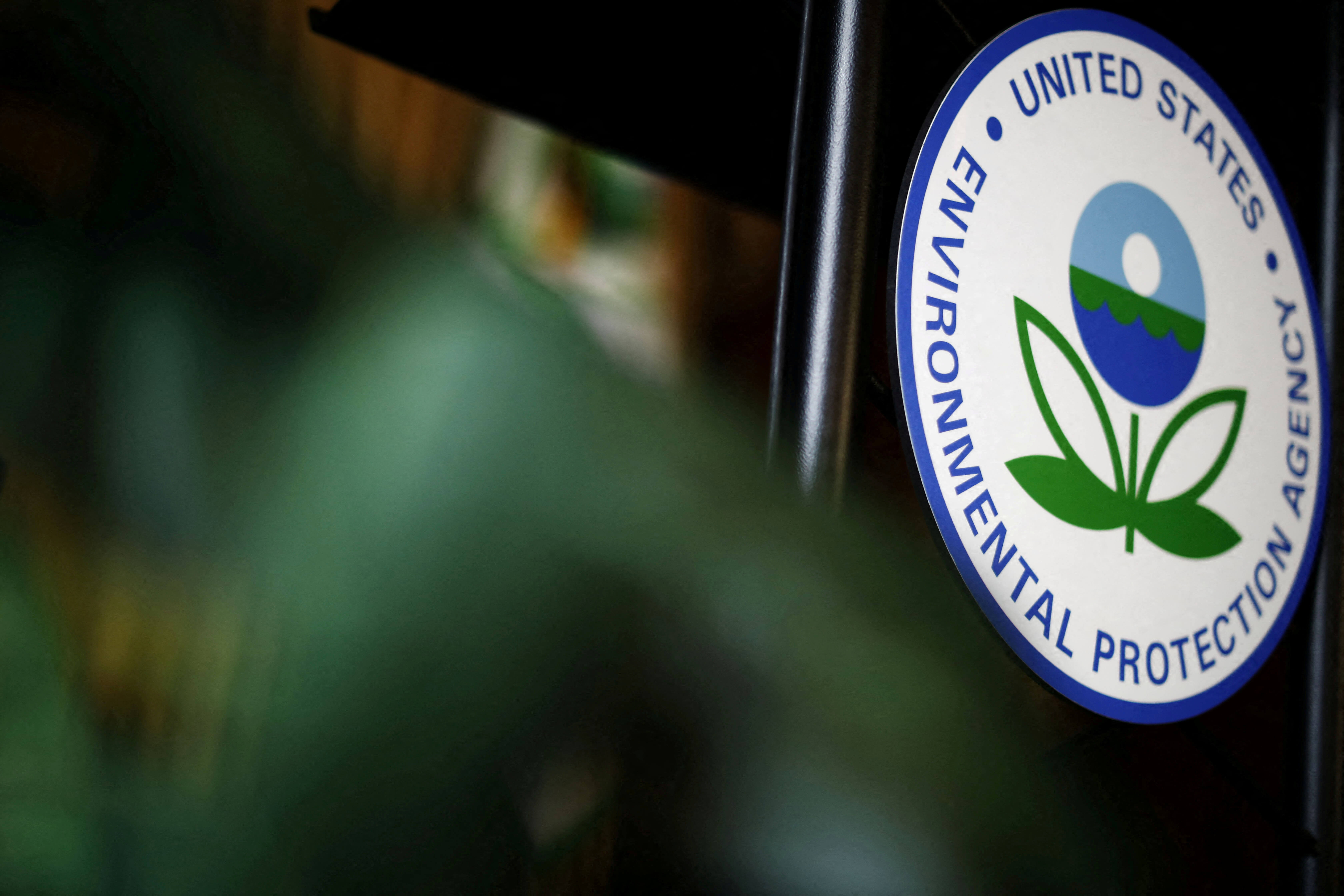 The U.S. Environmental Protection Agency (EPA) sign is seen on the podium at EPA headquarters in Washington, U.S., July 11, 2018.