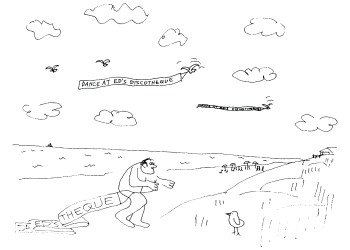 Ad plane banner cartoon by Dan Rattiner