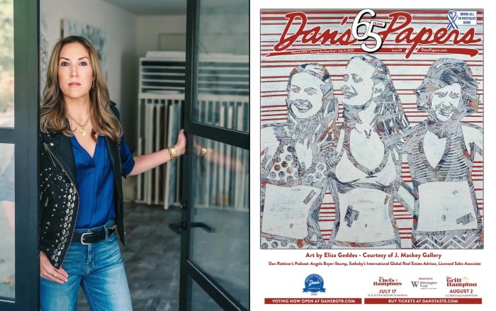 Artist Eliza Geddes in her studio and her July 11, 2025 Dan's Papers cover, Courtesy J. Mackey Gallery