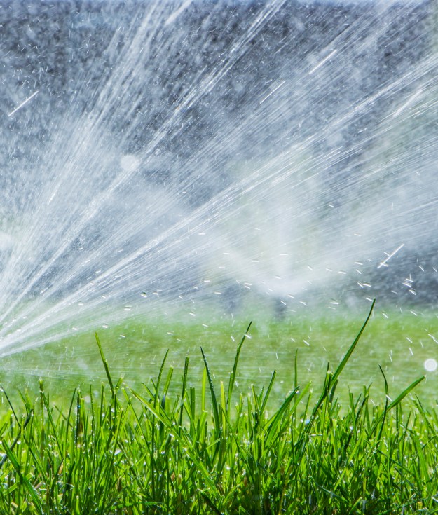 An automatic sprinkler irrigation system watering a lawn