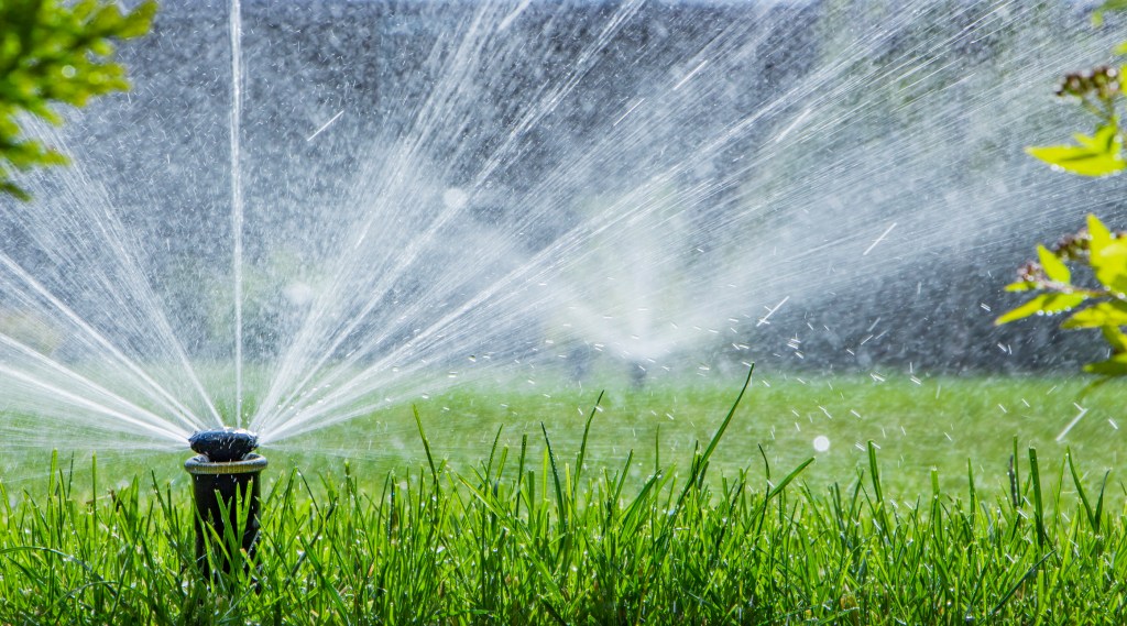 An automatic sprinkler irrigation system watering a lawn