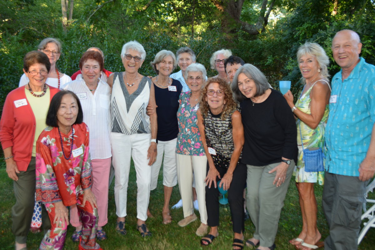 Birthday gal Lucille Kyvallos (center), Sherry Fitelson and friends gather to celebrate her 90th birthday.