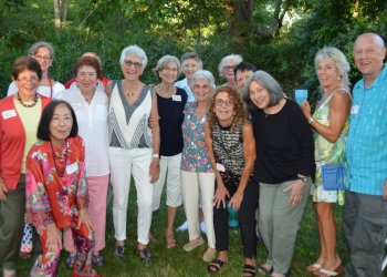 Birthday gal Lucille Kyvallos (center), Sherry Fitelson and friends gather to celebrate her 90th birthday.