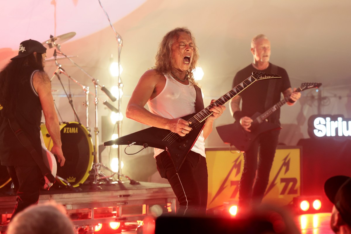 (L-R) Robert Trujillo, Kirk Hammett and James Hetfield of Metallica perform live for SiriusXM at Stephen Talkhouse