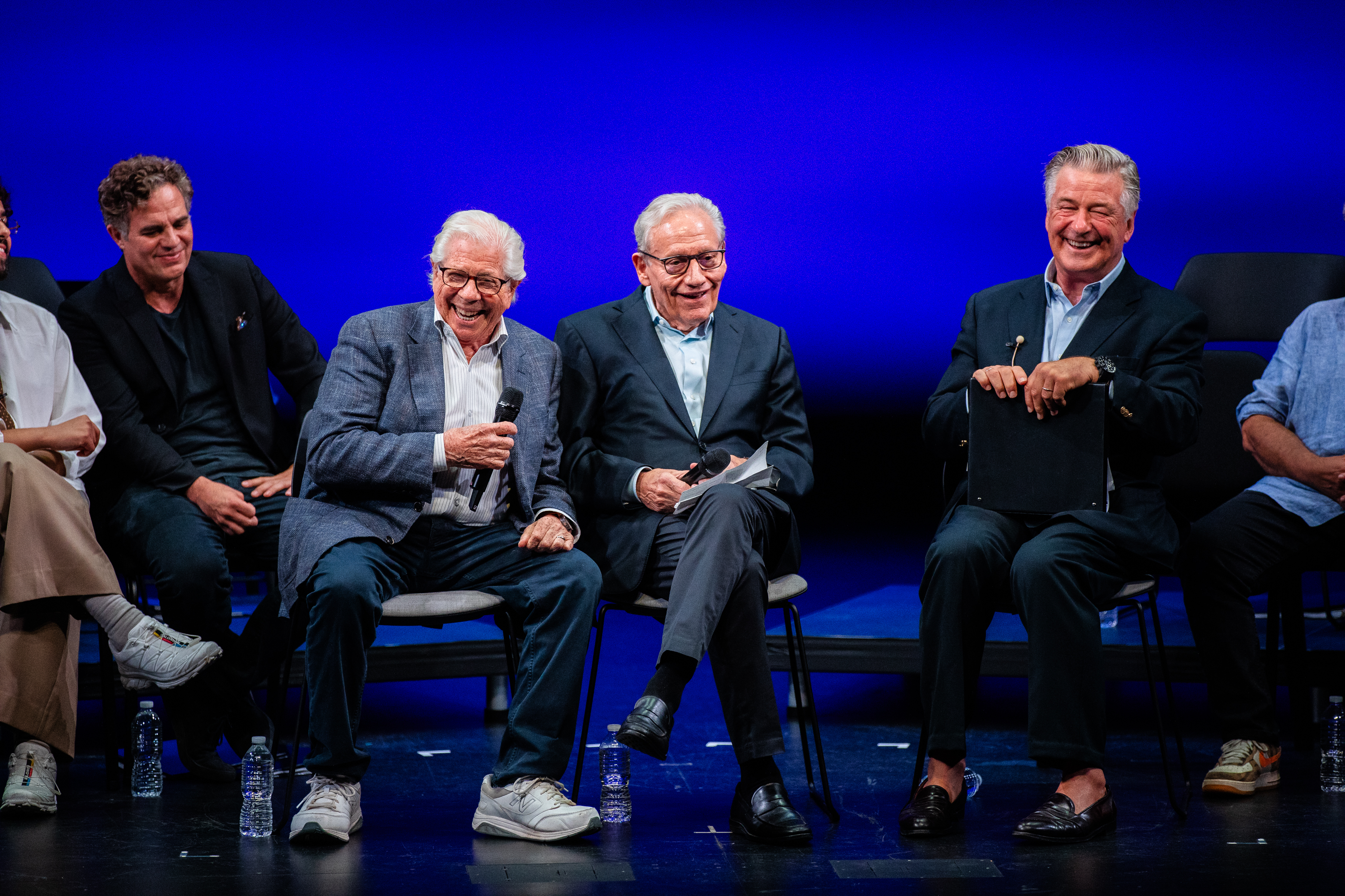 Carl Bernstein and Bob Woodward between Mark Ruffalo and Alec Baldwin at Guild Hall