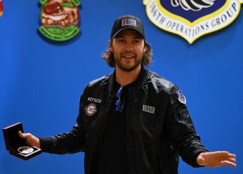 Taylor Kitsch speaks after being presented with the Bob Hope Award for Excellence in Entertainment from the Congressional Medal of Honor Society in Westhampton Beach