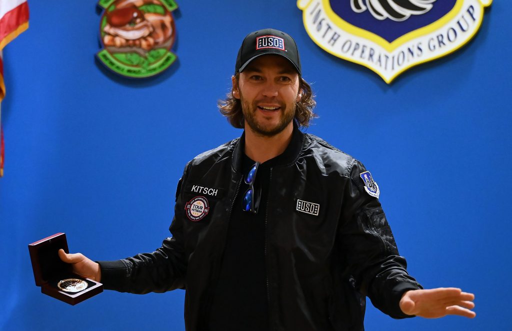 Taylor Kitsch speaks after being presented with the Bob Hope Award for Excellence in Entertainment from the Congressional Medal of Honor Society in Westhampton Beach