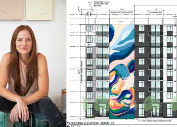 Artist Renee Phillips and a mock up of her mural at The Spruce in West Palm Beach