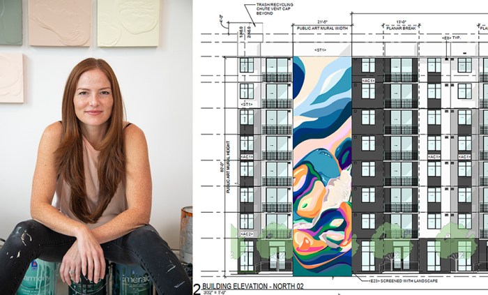 Artist Renee Phillips and a mock up of her mural at The Spruce in West Palm Beach