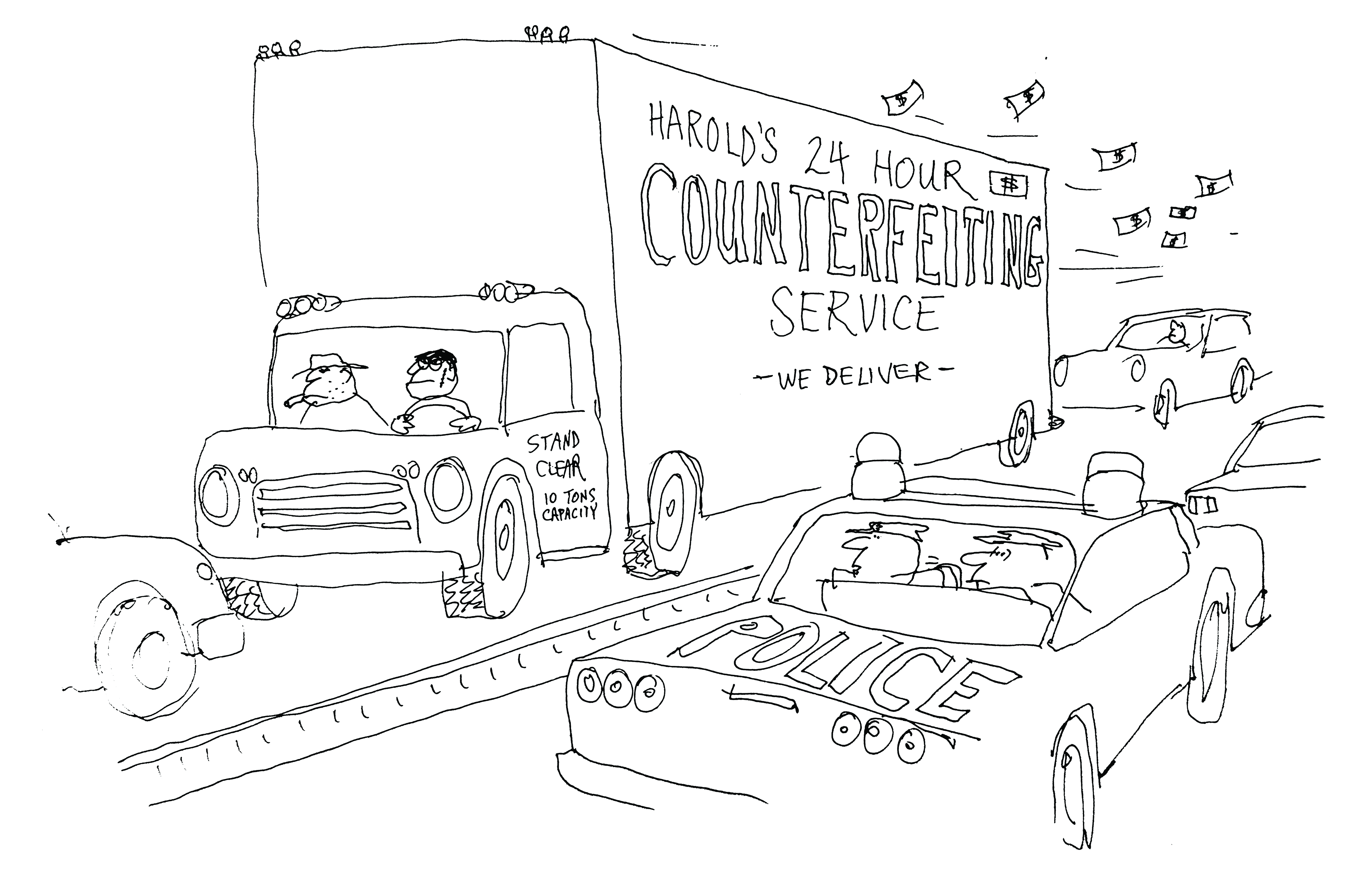 Counterfeiting service cartoon by Dan Rattiner