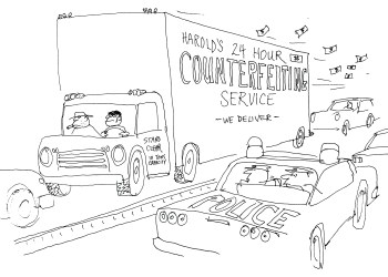 Counterfeiting service cartoon by Dan Rattiner