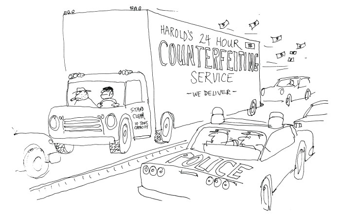 Counterfeiting service cartoon by Dan Rattiner