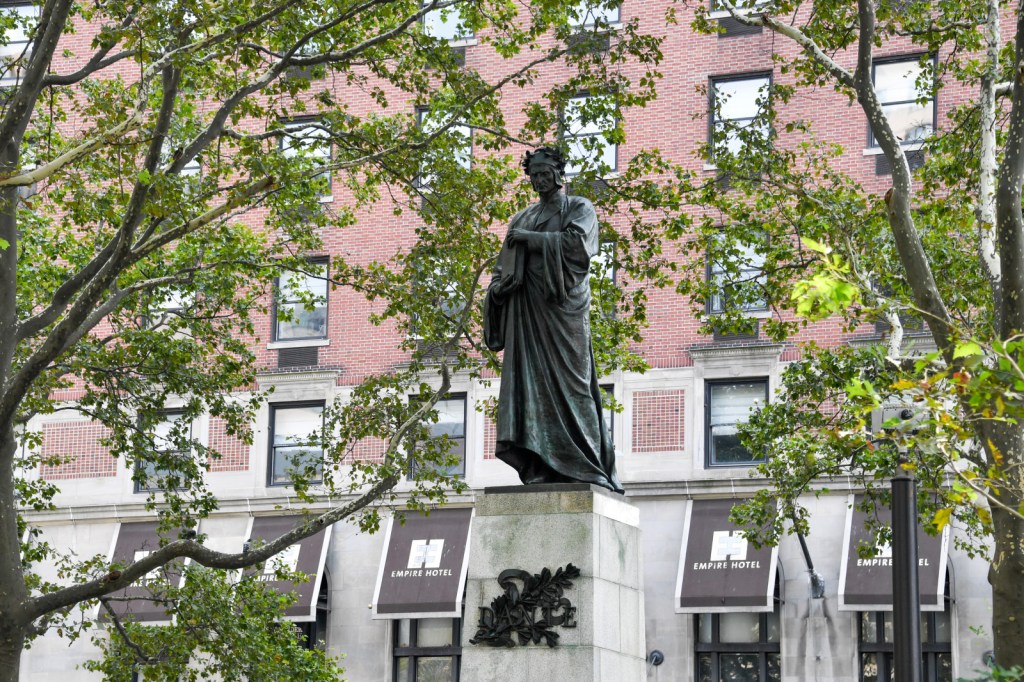 The Dante statue by Ettore Ximenes in Dante Park, opposite Lincoln Center.