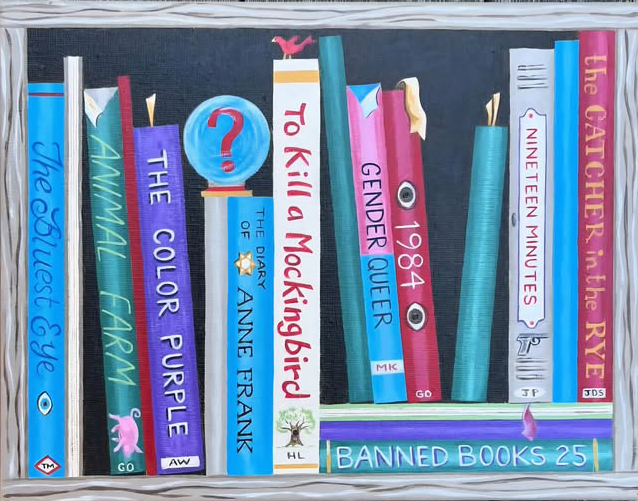 Laurie Hall 'Shelved Books," acrylic on canvas, part of the Banned Book Project