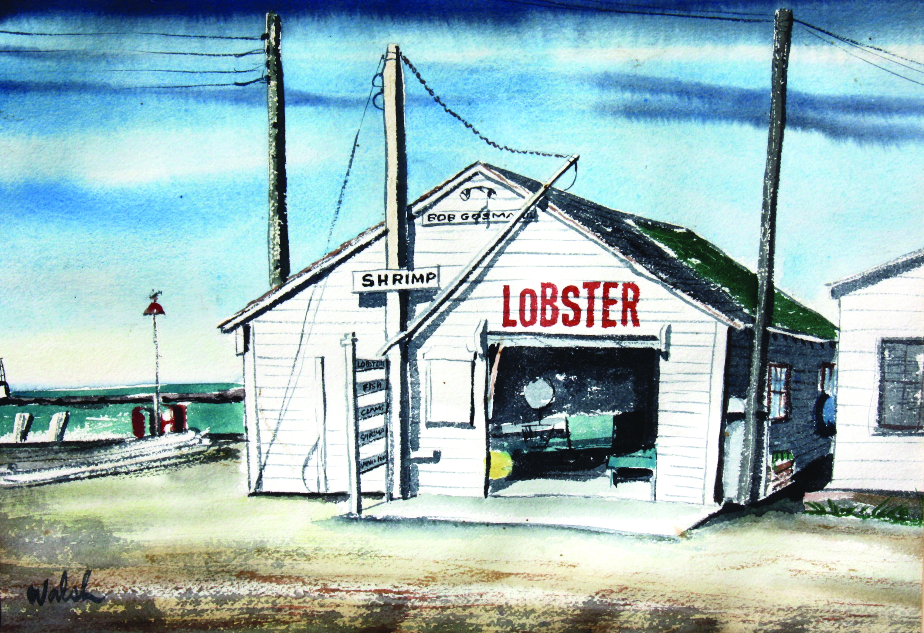 "Gosmans Fish Market" watercolor by Kenneth Walsh