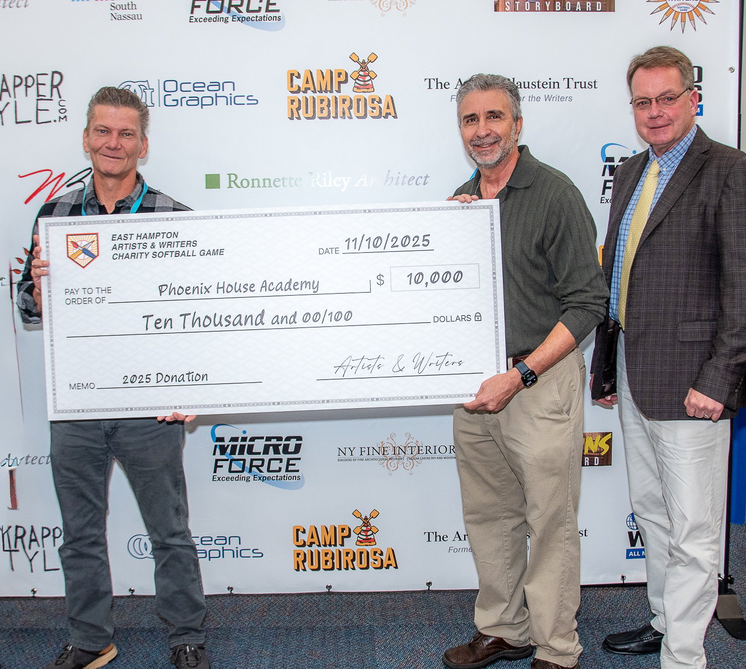 David Brandman and Mayor Jerry Larsen, present check to David Seiniger of Phoenix House