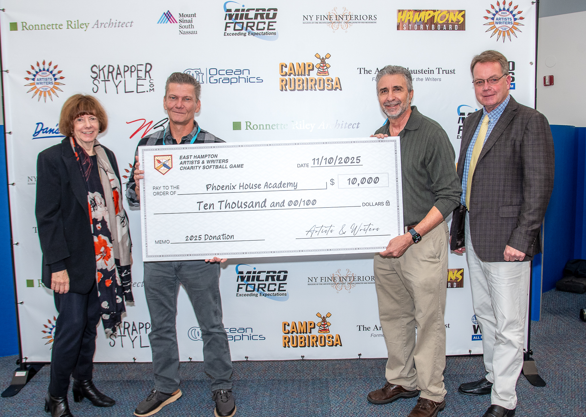 David Brandman and Mayor Jerry Larsen presents check to David Seiniger of Phoenix House