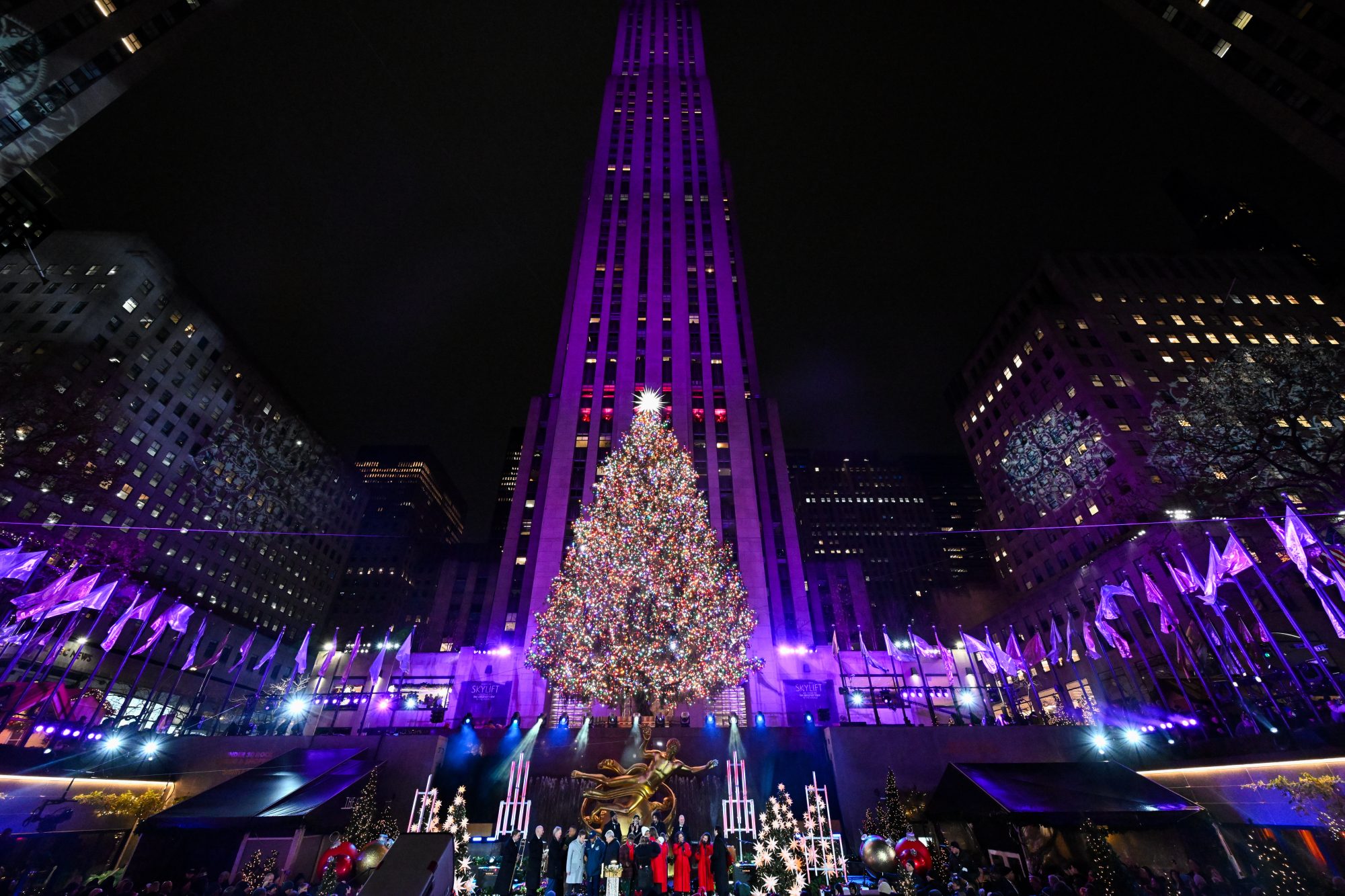 The Rockefeller Center Christmas Tree in all its glory, covered with more than 50,000 multi-colored, LED lights.