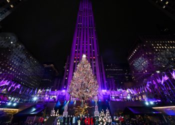 The Rockefeller Center Christmas Tree in all its glory, covered with more than 50,000 multi-colored, LED lights.
