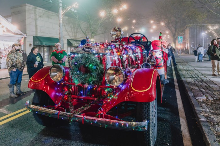 A fire truck all decorated up in the 2024 Greenport Holiday Stroll.