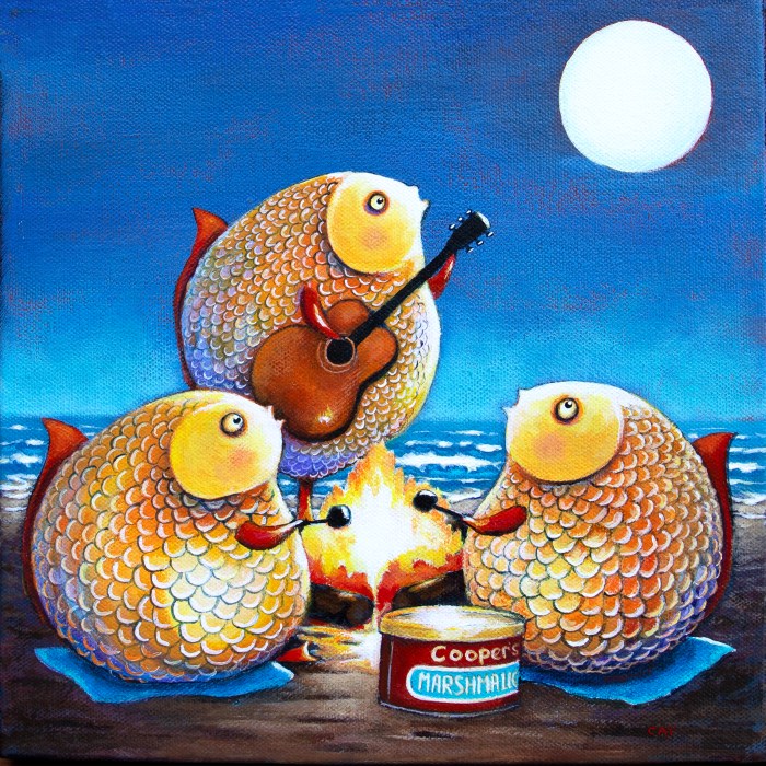 Cat Bachman "Moon Fish," 10"x 10" acrylic