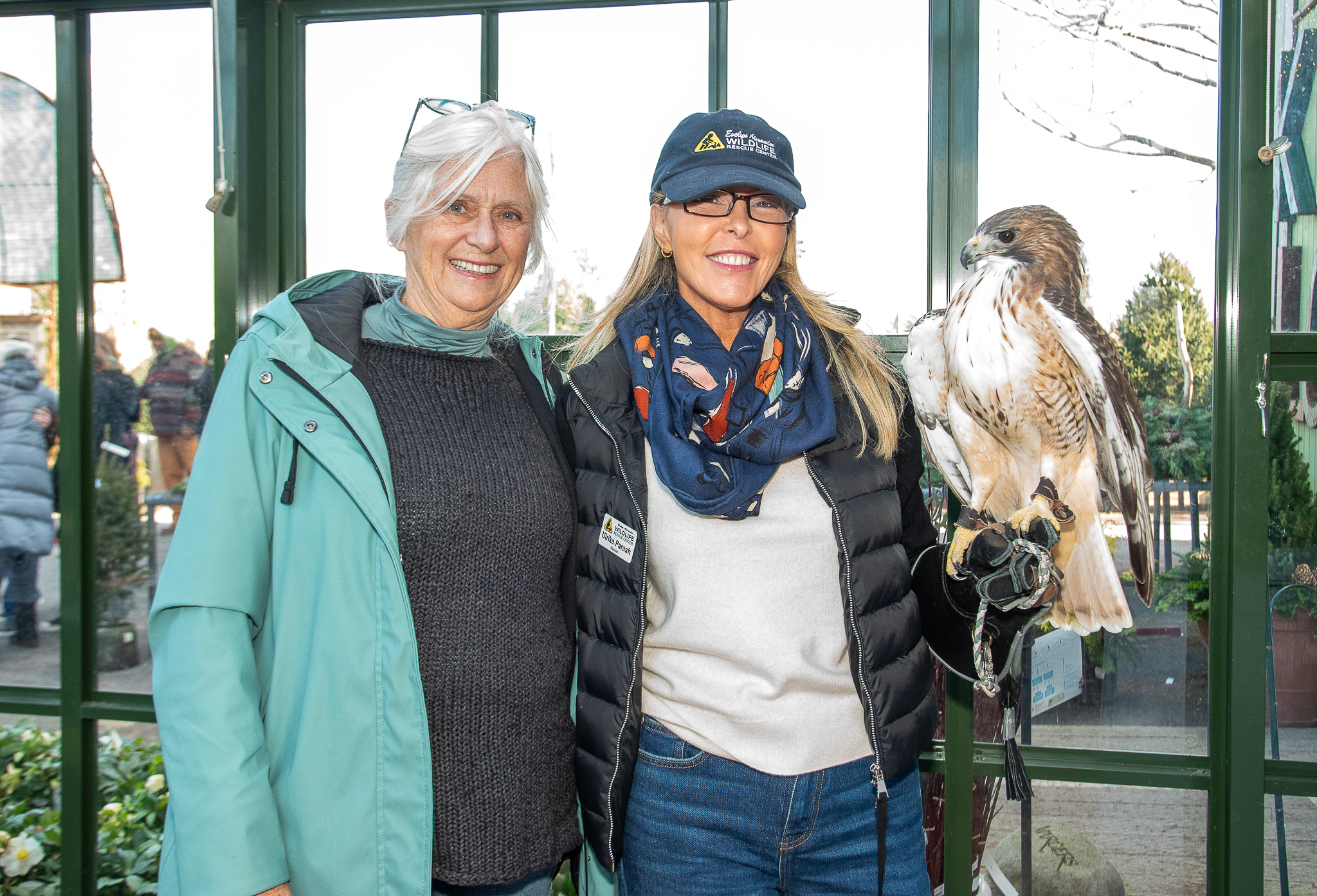 Executive Director at Evelyn Alexander Wildlife Rescue Center, Kathleen Mulcahy, and Ulriika Parash with Cloud the Red Tail Hawk