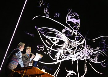 Miles Mykkanen as Sam Clay and Andrzej Filończyk as Joe Kavalier in a scene from Mason Bates's 