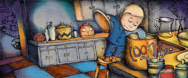 Mickey Paraskevas art from "I Ate Santa’s Cookies" featuring young Joe McHeffey of Nettie's Bakery