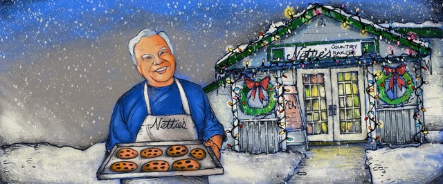 Mickey Paraskevas art from "I Ate Santa’s Cookies" featuring Nettie's Bakery owner Joe McHeffey