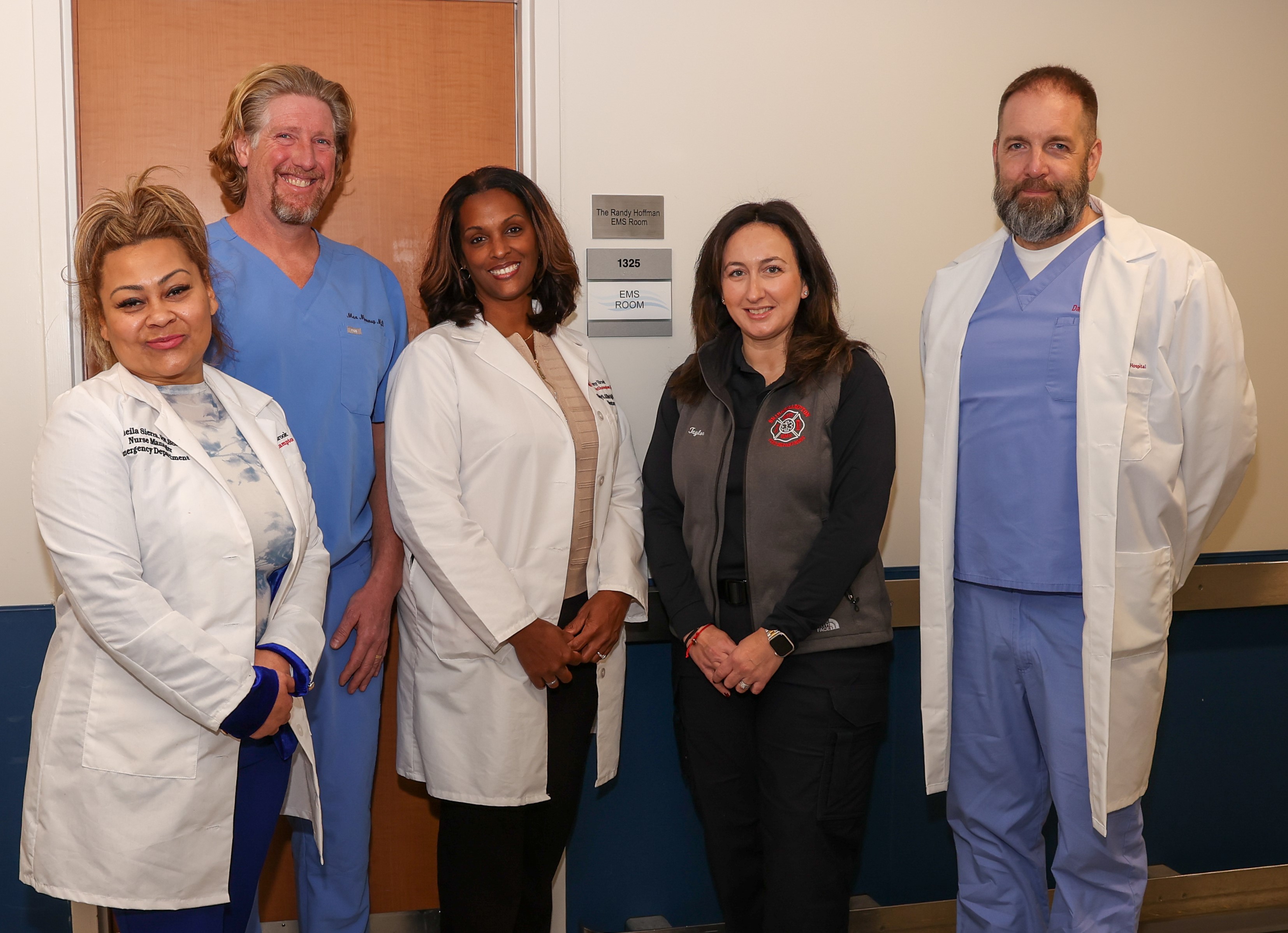 L.-R.: Sheila Sierra, BSN, RN, Nurse Manager, Emergency Department, Stony Brook Southampton Hospital; Dr. Max Minnerop, Emergency Medicine Physician, Stony Brook Southampton Hospital; Agency Medical Director, Hampton Bays Ambulance; Member, Suffolk County Emergency Medical Advisory Committee, representing Stony Brook Southampton Hospital; Sheryll Allbright, DNP, MHA, BSN, RN, NE-BC, Director, Emergency Department and EMS Liaison, Stony Brook Southampton Emergency Department; Taylor Vecsey, Captain, Bridgehampton EMS; and, Dr. Darin Wiggins, Vice Chair of Emergency Medicine, Stony Brook Southampton Hospital. (Luisa Torres)