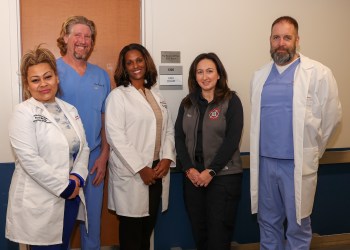L.-R.: Sheila Sierra, BSN, RN, Nurse Manager, Emergency Department, Stony Brook Southampton Hospital; Dr. Max Minnerop, Emergency Medicine Physician, Stony Brook Southampton Hospital; Agency Medical Director, Hampton Bays Ambulance; Member, Suffolk County Emergency Medical Advisory Committee, representing Stony Brook Southampton Hospital; Sheryll Allbright, DNP, MHA, BSN, RN, NE-BC, Director, Emergency Department and EMS Liaison, Stony Brook Southampton Emergency Department; Taylor Vecsey, Captain, Bridgehampton EMS; and, Dr. Darin Wiggins, Vice Chair of Emergency Medicine, Stony Brook Southampton Hospital. (Luisa Torres)