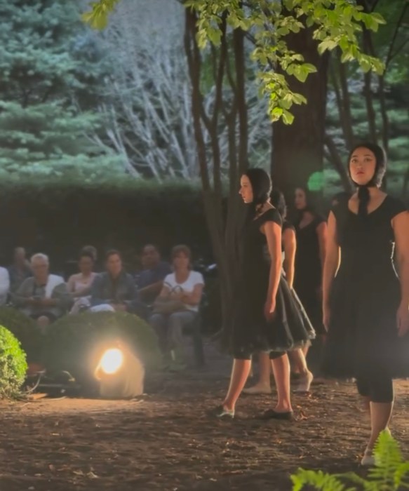 A still from the Neo-Political Cowgirls's 2025 summer production of The Weird Sisters at LongHouse Reserve.