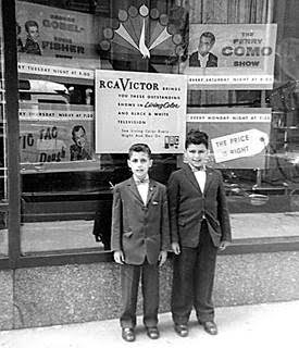 WVVH-TV owners Ernie and Greg Schimizzi at NBC Studios, Rockefeller Center, 1957