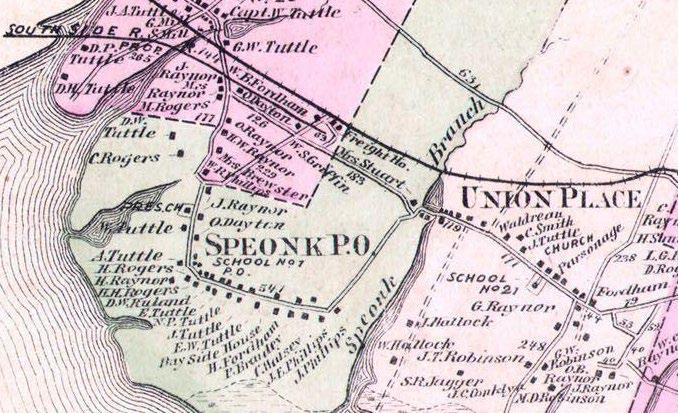 Excerpt from 1873 historic map, see A. Tuttle left of Speonk P.O.