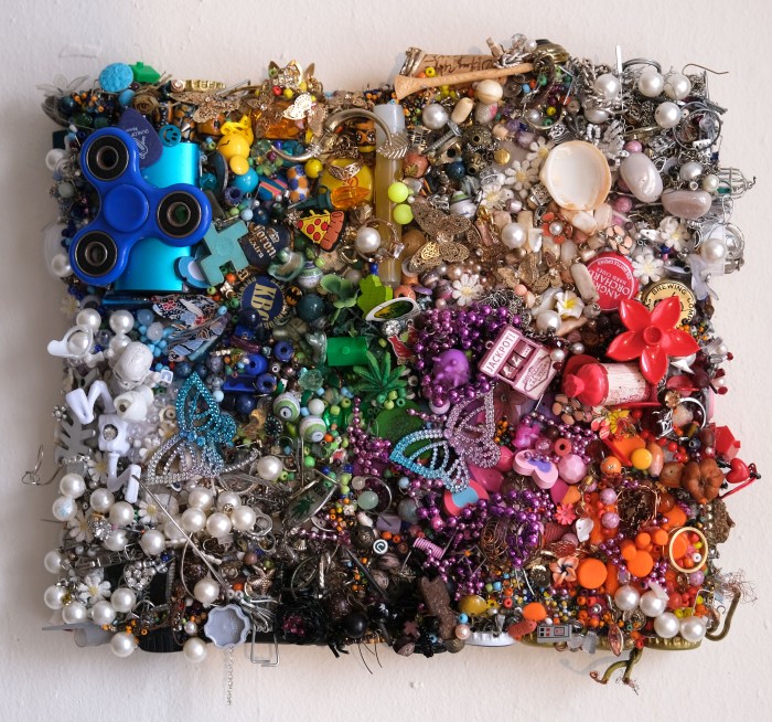 Bri Sander "Lost Garden," discarded objects on wood panel, 12.5 x 12"