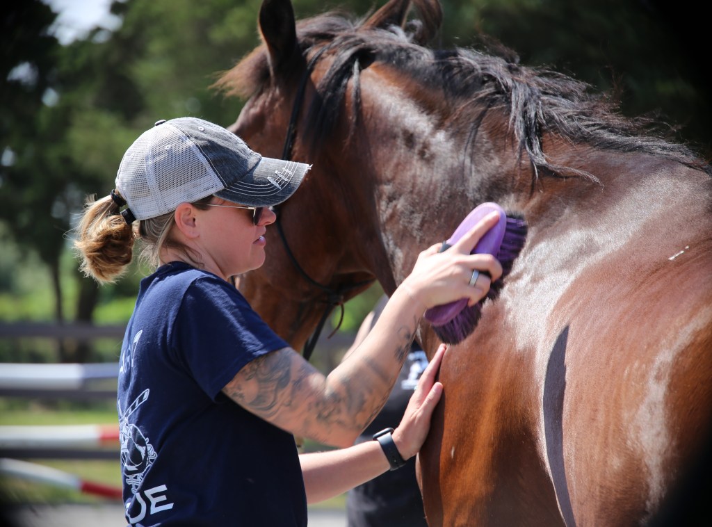 Allison Cerullo, a retired first responder, spending time grooming Sully, one of the rescued horses at the Warrior Ranch Foundation in Calverton.