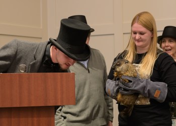 Sam Champion the groundhog making his Groundhog Day forecast at Quogue Library on Feb. 2, 2026 (Rick Siegelman)