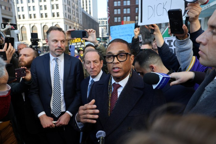 Former CNN anchor Don Lemon speaks to the media outside the United States District Court after his arraignment in Saint Paul, Minnesota, U.S., February 13, 2026. REUTERS/Go Nakamura