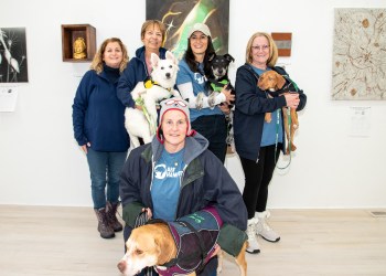 Jamie Berger, ARF Marketing Director with ARF volunteers and adoptable dogs