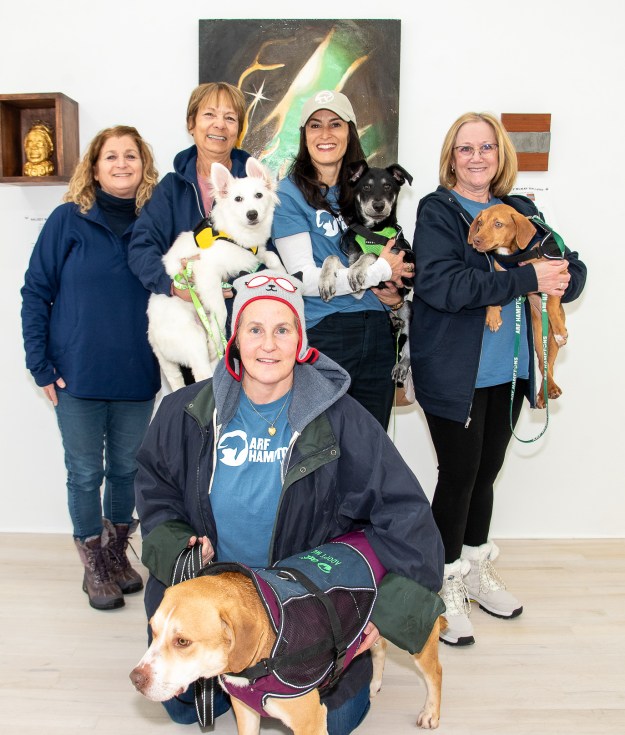Jamie Berger, ARF Marketing Director with ARF volunteers and adoptable dogs