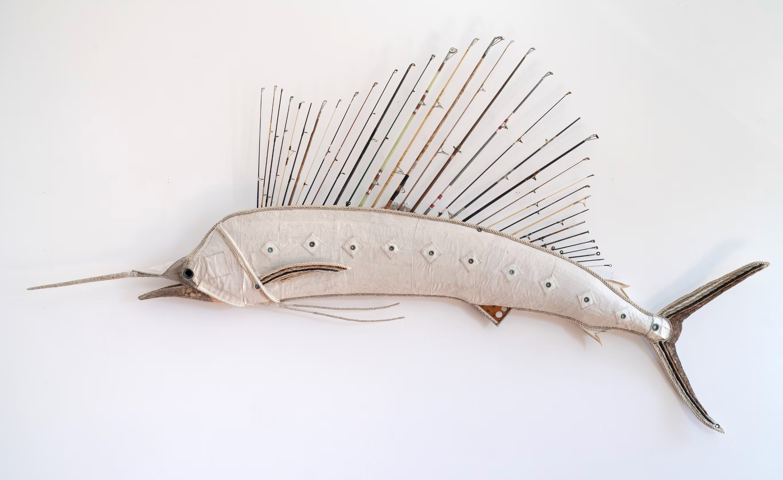 "Hemingway" by Cindy Pease Roe, vintage fishing rods, sail material, rope, air filter, netting, paint splattered tarp