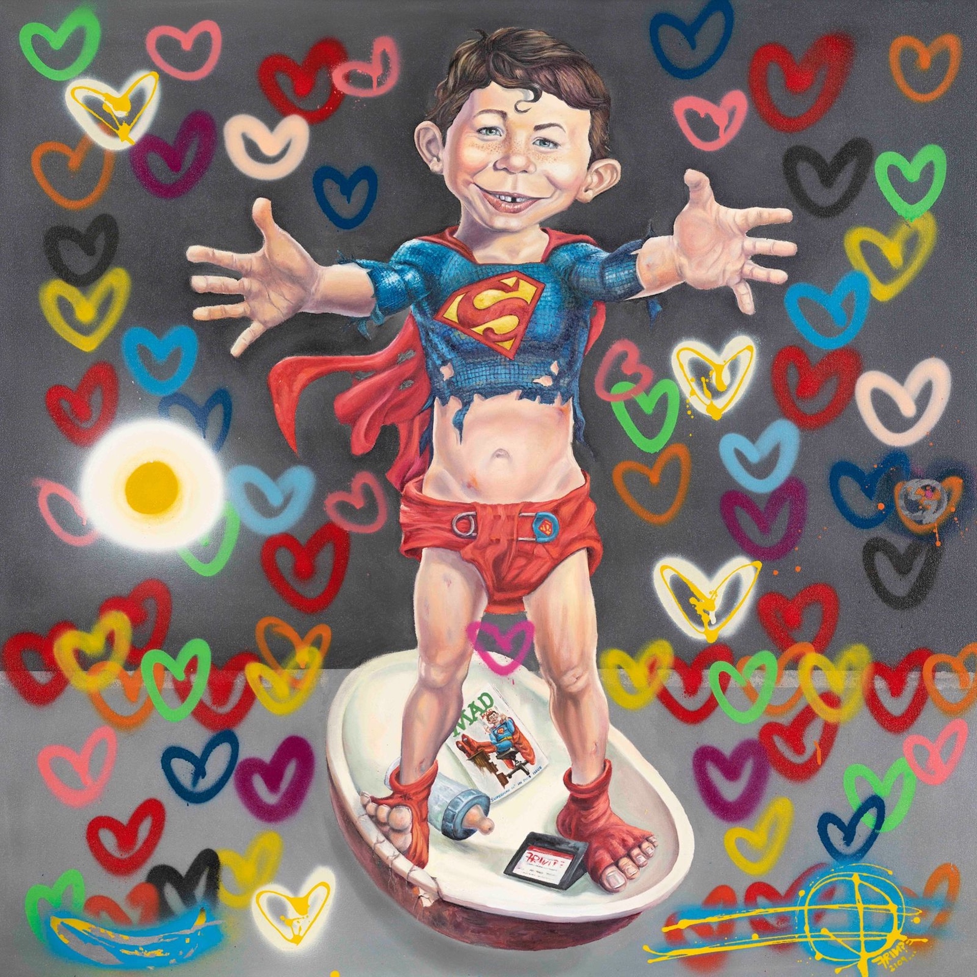 FRINGE does not enter the frame quietly; he arrives like a beautifully controlled disturbance. There is something seductive in the immediacy of the work, yet something far more destabilizing beneath it—a polished visual language carrying the residue of memory, pressure, ghosts, and private unrest. Born in South Africa in the late 1970s and shaped first by the architecture of the corporate world before fully turning toward fine art, he makes work that understands systems intimately enough to bend them. Pop iconography, brand fluency, psychological tension, and emotional aftershock all collide in a practice that feels at once culturally legible and deeply internal. The White Room Gallery, the first gallery to represent FRINGE in the US, places this psychological terrain within a broader contemporary dialogue through Wild Things, though the true subject remains the interior wilderness he continues to map in real time.