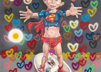 FRINGE does not enter the frame quietly; he arrives like a beautifully controlled disturbance. There is something seductive in the immediacy of the work, yet something far more destabilizing beneath it—a polished visual language carrying the residue of memory, pressure, ghosts, and private unrest. Born in South Africa in the late 1970s and shaped first by the architecture of the corporate world before fully turning toward fine art, he makes work that understands systems intimately enough to bend them. Pop iconography, brand fluency, psychological tension, and emotional aftershock all collide in a practice that feels at once culturally legible and deeply internal. The White Room Gallery, the first gallery to represent FRINGE in the US, places this psychological terrain within a broader contemporary dialogue through Wild Things, though the true subject remains the interior wilderness he continues to map in real time.