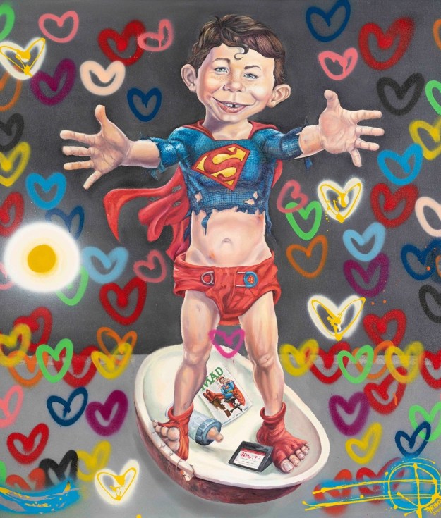 FRINGE does not enter the frame quietly; he arrives like a beautifully controlled disturbance. There is something seductive in the immediacy of the work, yet something far more destabilizing beneath it—a polished visual language carrying the residue of memory, pressure, ghosts, and private unrest. Born in South Africa in the late 1970s and shaped first by the architecture of the corporate world before fully turning toward fine art, he makes work that understands systems intimately enough to bend them. Pop iconography, brand fluency, psychological tension, and emotional aftershock all collide in a practice that feels at once culturally legible and deeply internal. The White Room Gallery, the first gallery to represent FRINGE in the US, places this psychological terrain within a broader contemporary dialogue through Wild Things, though the true subject remains the interior wilderness he continues to map in real time.