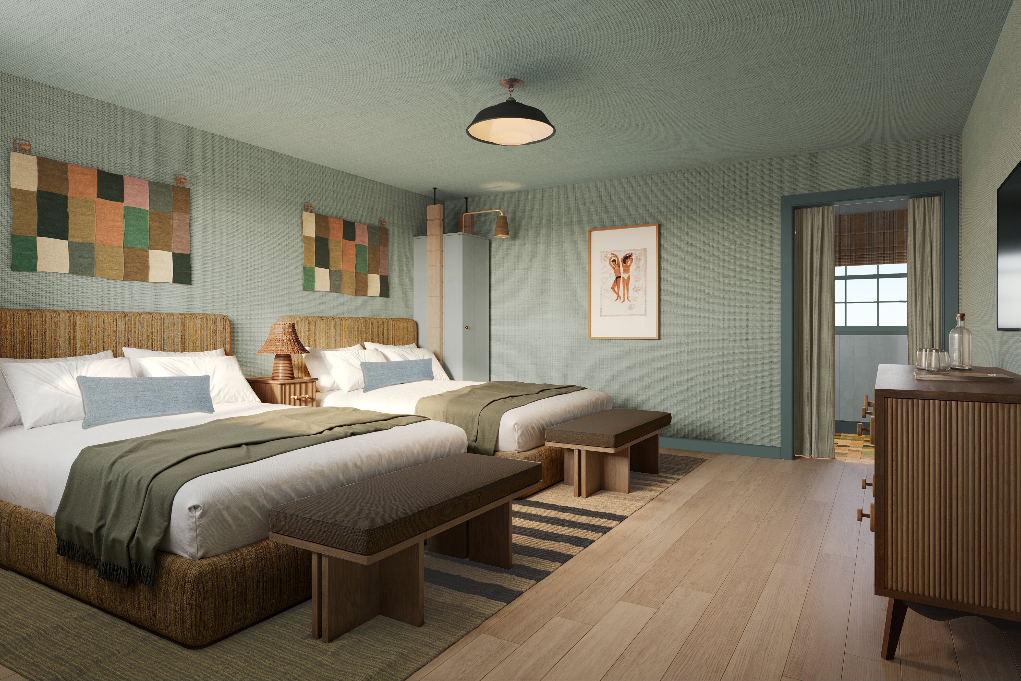 A rendering of a room at the upcoming Hotel Corduroy in Montauk.