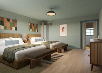 A rendering of a room at the upcoming Hotel Corduroy in Montauk.